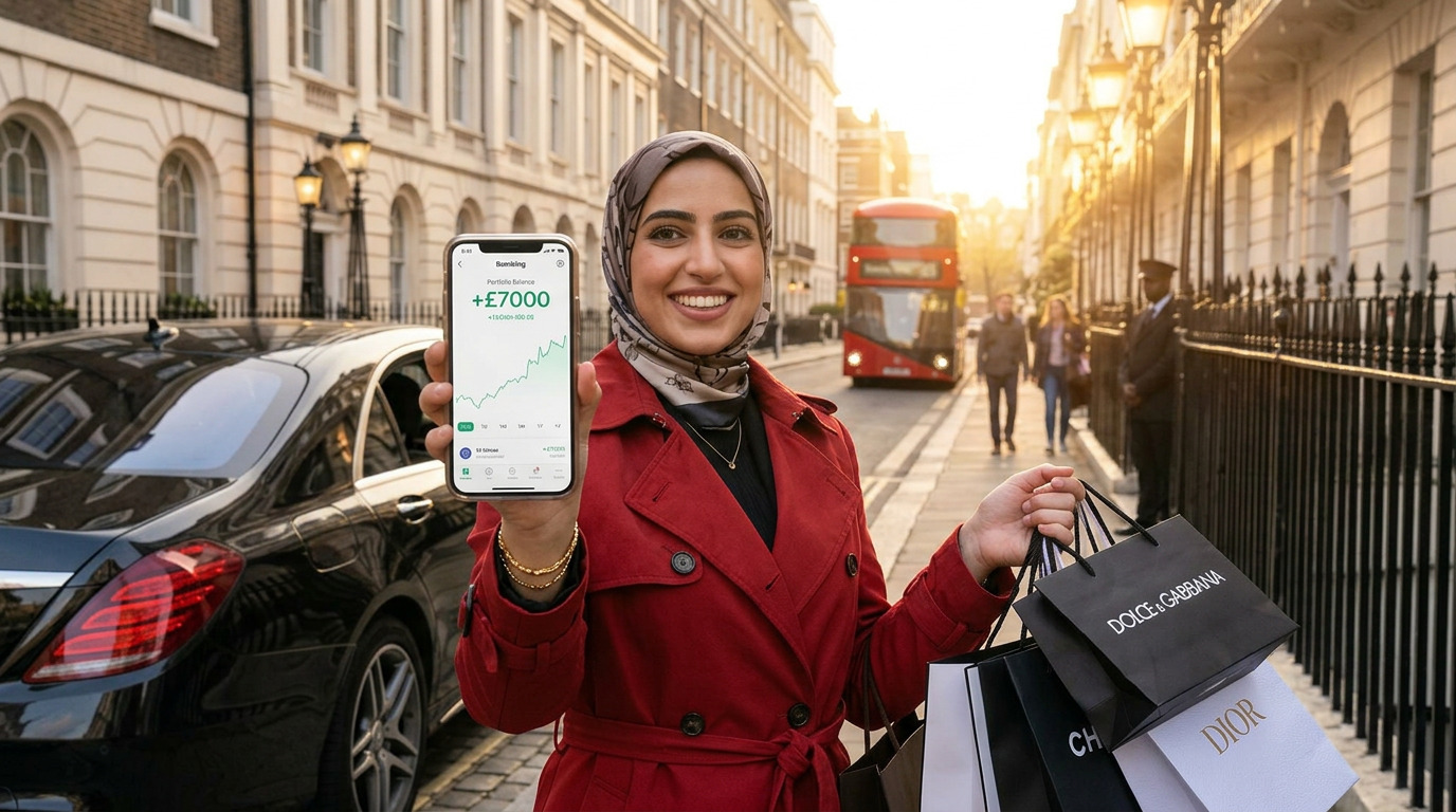 Elegant fashionable woman with luxury shopping bags in London